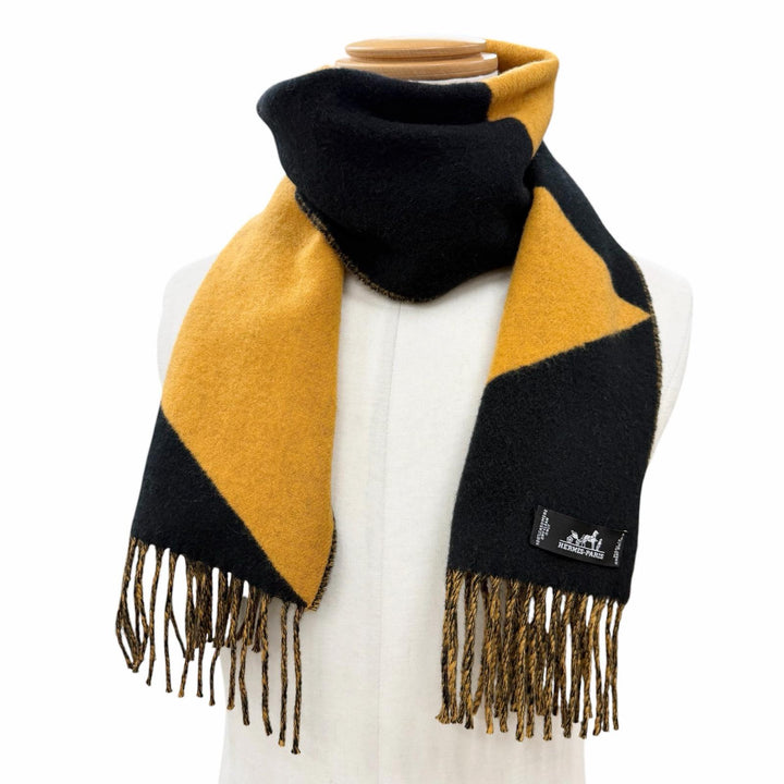 未使用品▼HERMES エルメス カシミヤ100% フリンジ付き バイカラー ストール マフラー ブラック イエロー 英国製 メンズ レディース