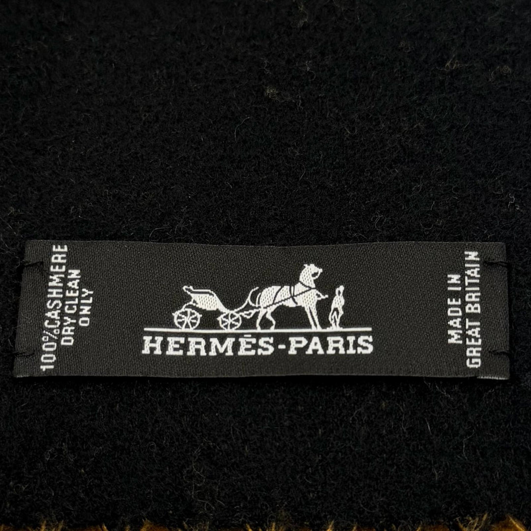 未使用品▼HERMES エルメス カシミヤ100% フリンジ付き バイカラー ストール マフラー ブラック イエロー 英国製 メンズ レディース