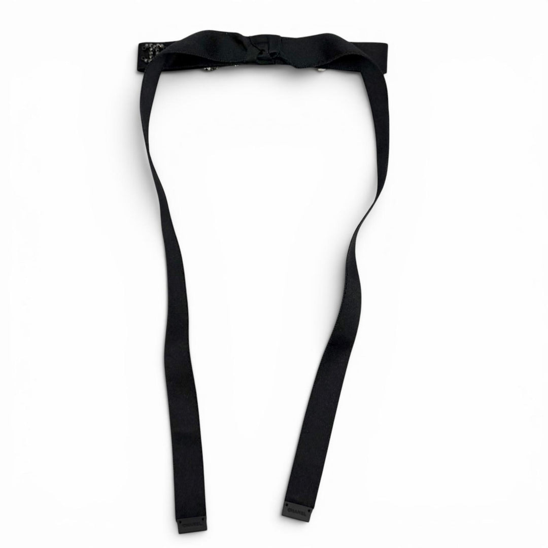 未使用品★CHANEL シャネル 24B AAA428 シルク100％ ラインストーン ココマーク ボウバレッタ リボンバレッタ ヘアクリップ 黒 箱付