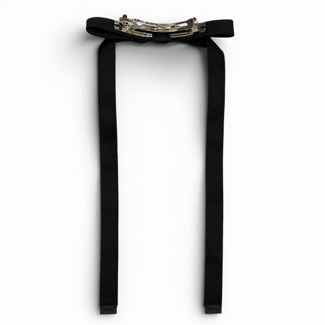 未使用品★CHANEL シャネル 24B AAA428 シルク100％ ラインストーン ココマーク ボウバレッタ リボンバレッタ ヘアクリップ 黒 箱付