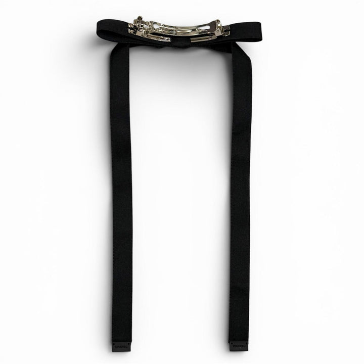 未使用品★CHANEL シャネル 24B AAA428 シルク100％ ラインストーン ココマーク ボウバレッタ リボンバレッタ ヘアクリップ 黒 箱付