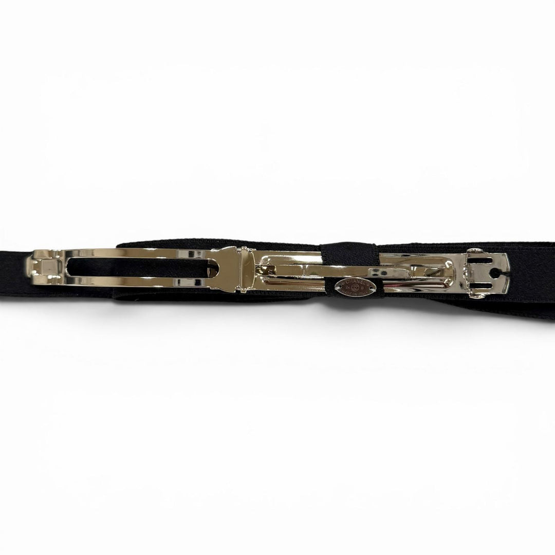 未使用品★CHANEL シャネル 24B AAA428 シルク100％ ラインストーン ココマーク ボウバレッタ リボンバレッタ ヘアクリップ 黒 箱付