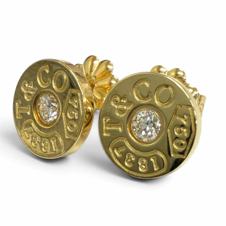 極美品□TIFFANY&amp;Co. ティファニー AU750 1Pダイヤモンド 1837 サークル ピアス イエローゴールド イタリア製 重量2.51g レディース 箱付