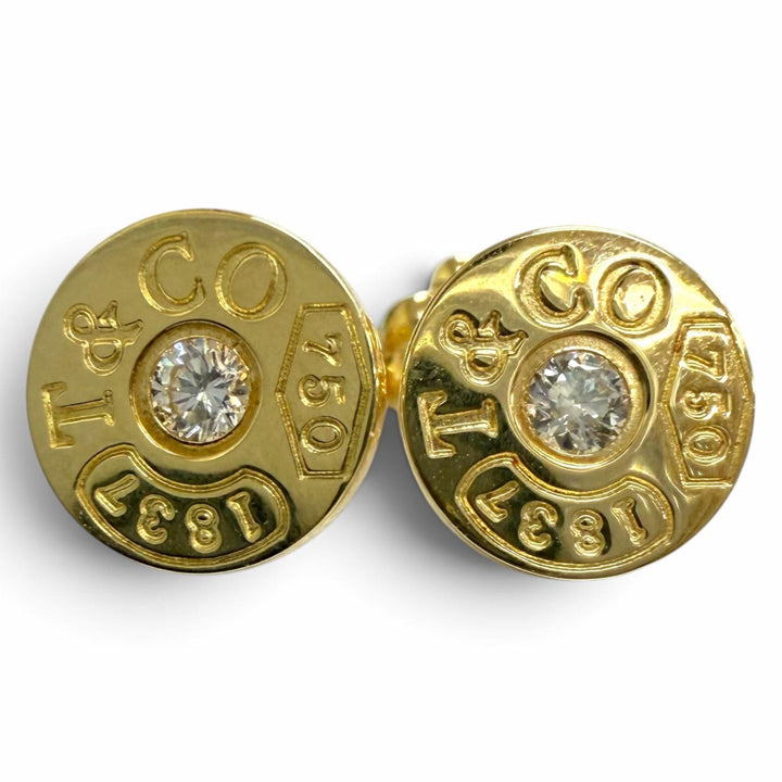 極美品□TIFFANY&amp;Co. ティファニー AU750 1Pダイヤモンド 1837 サークル ピアス イエローゴールド イタリア製 重量2.51g レディース 箱付