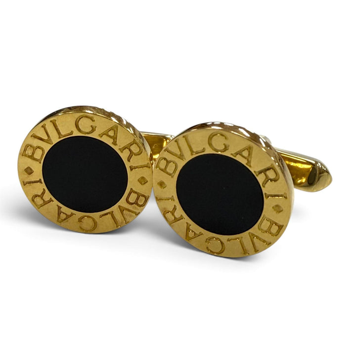 美品▼BVLGARI ブルガリ ブルガリブルガリ 750(YG) オニキス カフスボタン カフリンクス イエローゴールド ブラック 重量10.54g 箱付き