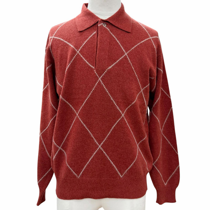 極美品▼Loro Piana ロロピアーナ カシミヤ100% アーガイル柄 プルオーバー ポロニット セーター レッド 46 イタリア製 正規品 メンズ