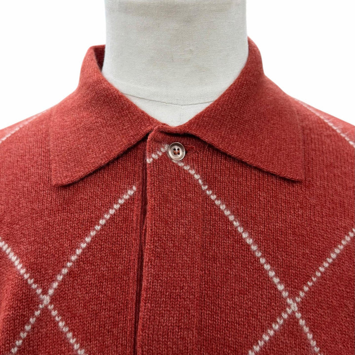 極美品▼Loro Piana ロロピアーナ カシミヤ100% アーガイル柄 プルオーバー ポロニット セーター レッド 46 イタリア製 正規品 メンズ