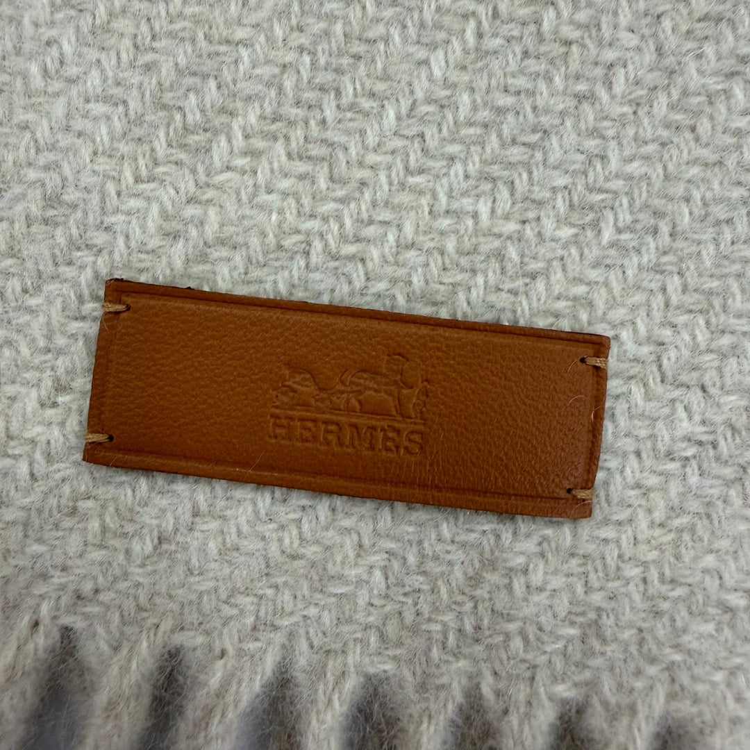 極美品☆HERMES エルメス タータンポケット・キュイール・アップリケ カシミヤ100％ レザーポケット セリエ金具 マフラー オレンジ系
