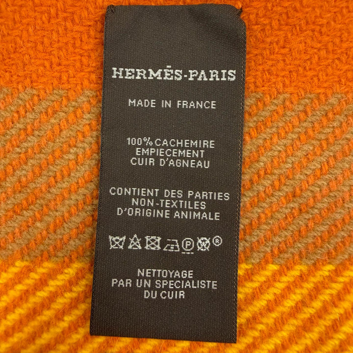 極美品☆HERMES エルメス タータンポケット・キュイール・アップリケ カシミヤ100％ レザーポケット セリエ金具 マフラー オレンジ系