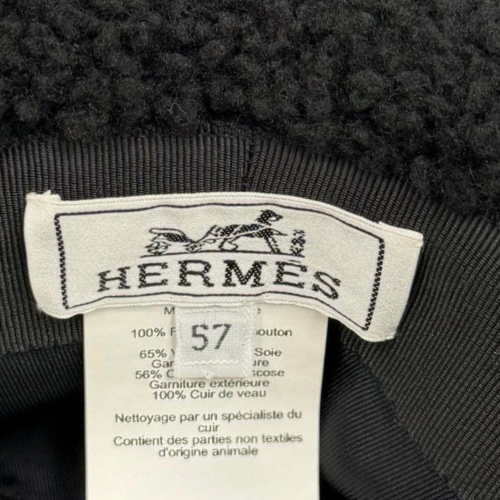 極美品★HERMES エルメス フォーヴ クルードセルパッチ メリノムートン バケットハット ブラック 57 フランス製 正規品 箱・保存袋付き