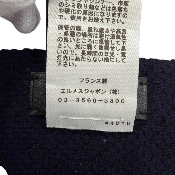 極美品☆HERMES エルメス ウール カシミヤ混 Hロゴボタン レザートリム 大判 ポンチョ ショール ネイビー フランス製 正規品 レディース