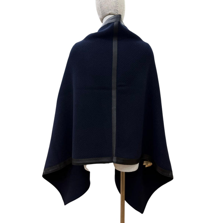 極美品☆HERMES エルメス ウール カシミヤ混 Hロゴボタン レザートリム 大判 ポンチョ ショール ネイビー フランス製 正規品 レディース