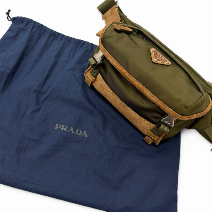極美品□PRADA プラダ 2VH171 Re-Nylon スウェードレザー トライアングルロゴ ボディバッグ カーキ ブラウン イタリア製 メンズ 保存袋付