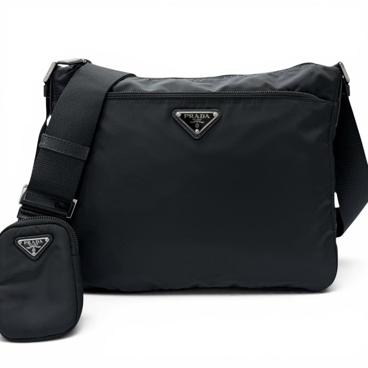美品□PRADA プラダ 1BC421 レザー使い Re-Nylon トライアングルロゴ ポーチ付き 斜め掛け ショルダーバッグ ブラック イタリア製 メンズ