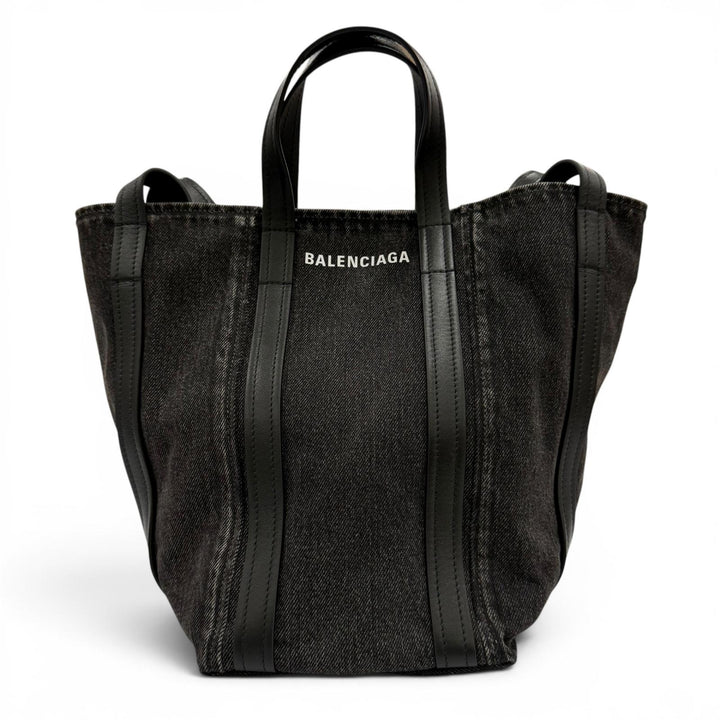 極美品☆BALENCIAGA バレンシアガ 672791 エブリデイ ノースサウス スモール デニム レザー使い 2WAY ショルダー ハンドバッグ ブラック
