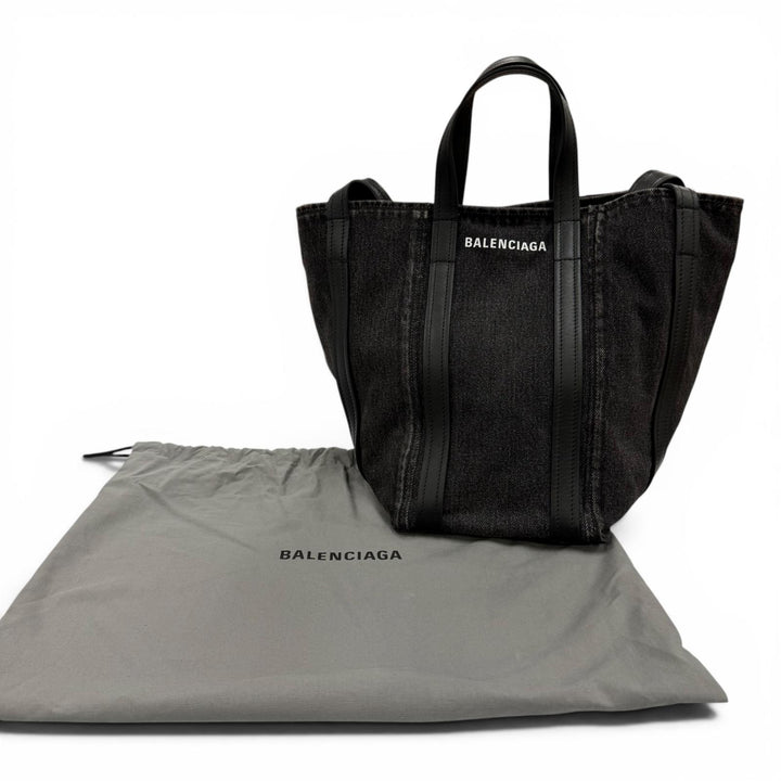 極美品☆BALENCIAGA バレンシアガ 672791 エブリデイ ノースサウス スモール デニム レザー使い 2WAY ショルダー ハンドバッグ ブラック