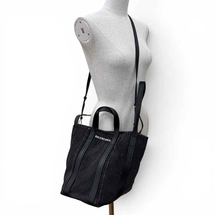 極美品☆BALENCIAGA バレンシアガ 672791 エブリデイ ノースサウス スモール デニム レザー使い 2WAY ショルダー ハンドバッグ ブラック