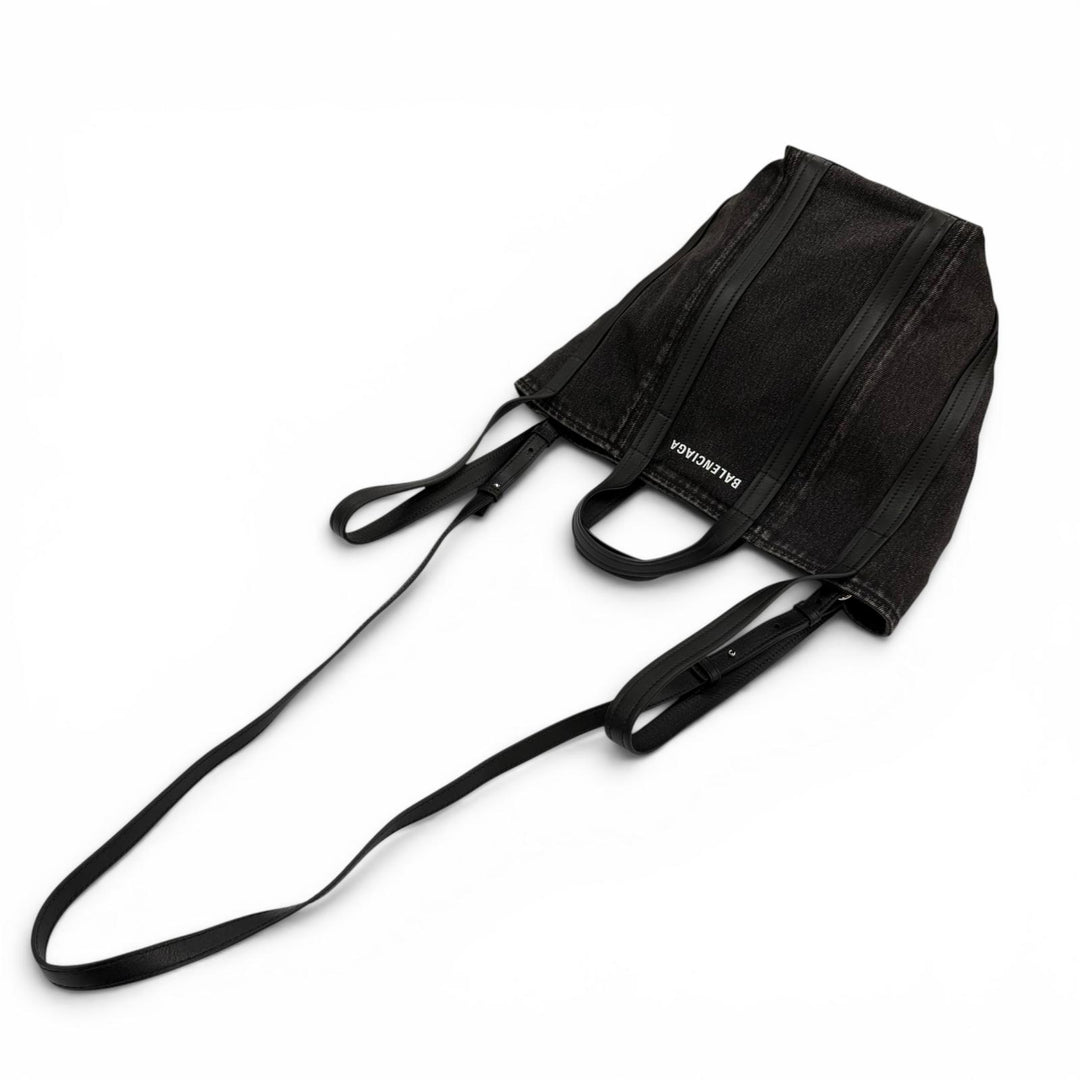 極美品☆BALENCIAGA バレンシアガ 672791 エブリデイ ノースサウス スモール デニム レザー使い 2WAY ショルダー ハンドバッグ ブラック
