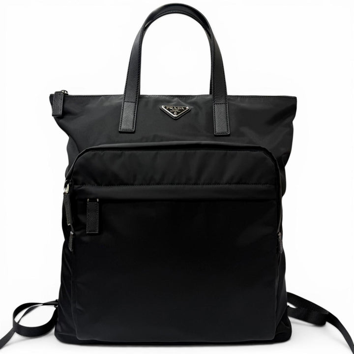 極美品□PRADA プラダ 2VG098 トライアングルロゴ サフィアーノレザー Re-Nylon 2WAY バックパック トートバッグ ブラック イタリア製