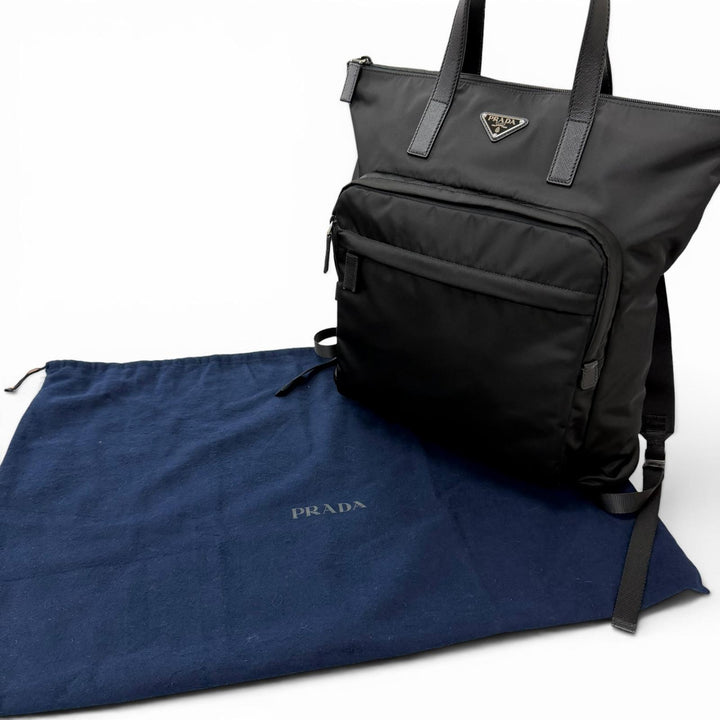 極美品□PRADA プラダ 2VG098 トライアングルロゴ サフィアーノレザー Re-Nylon 2WAY バックパック トートバッグ ブラック イタリア製