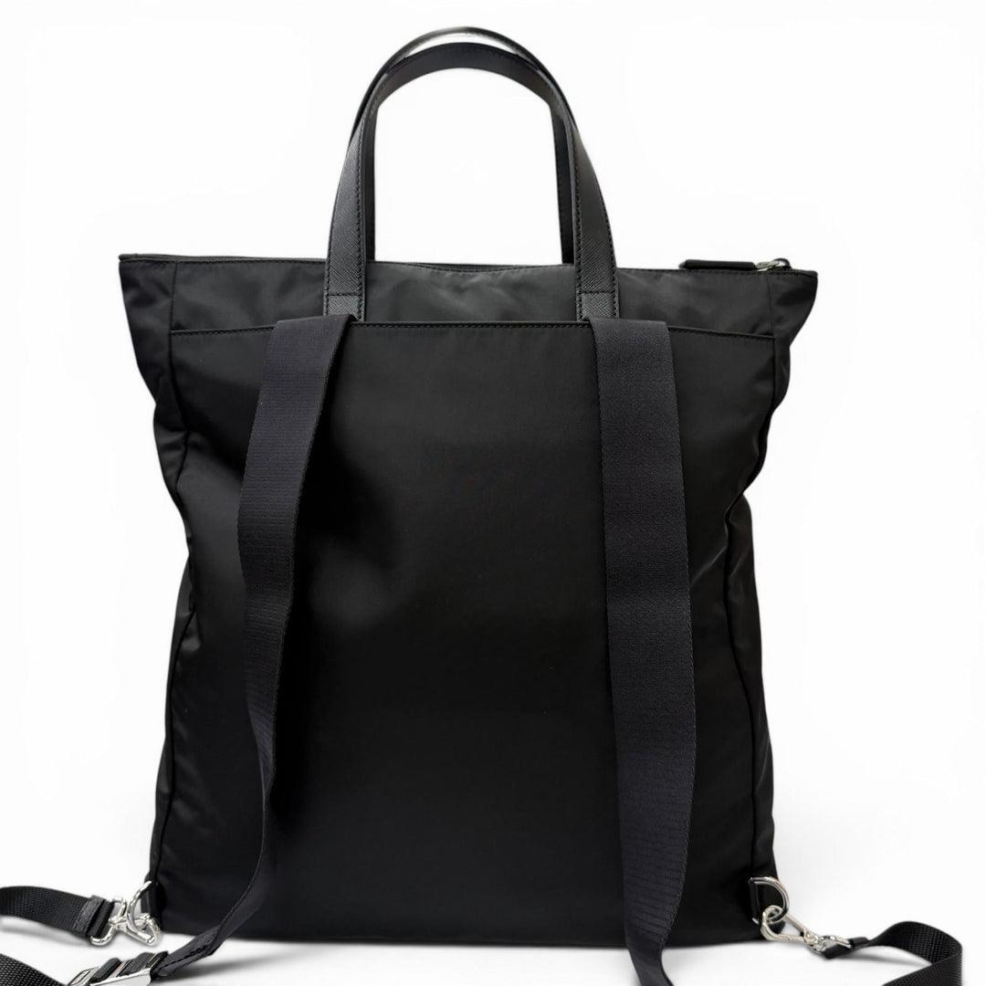 極美品□PRADA プラダ 2VG098 トライアングルロゴ サフィアーノレザー Re-Nylon 2WAY バックパック トートバッグ ブラック イタリア製