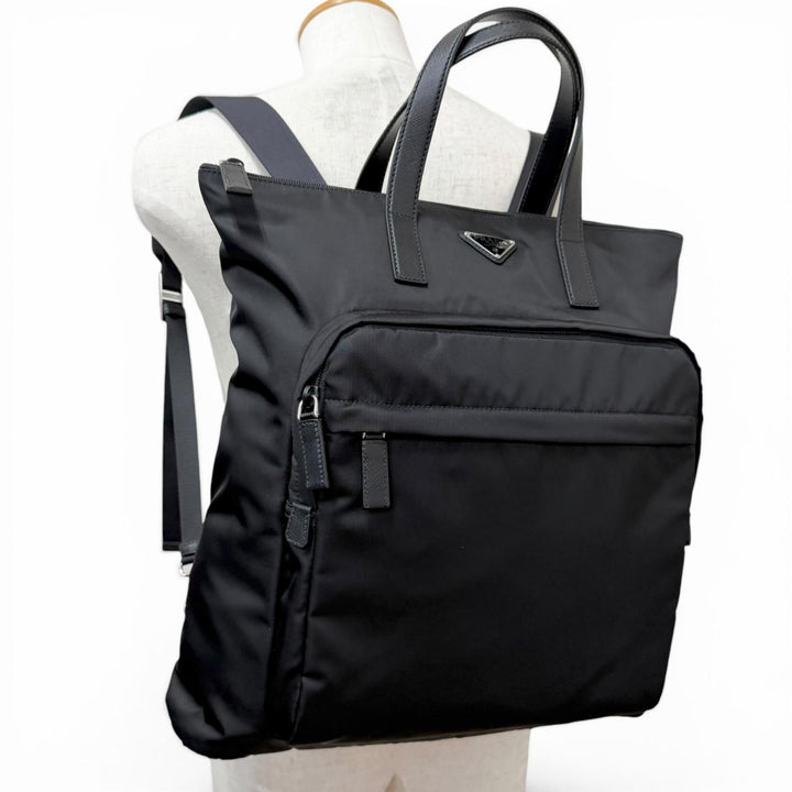 極美品□PRADA プラダ 2VG098 トライアングルロゴ サフィアーノレザー Re-Nylon 2WAY バックパック トートバッグ ブラック イタリア製