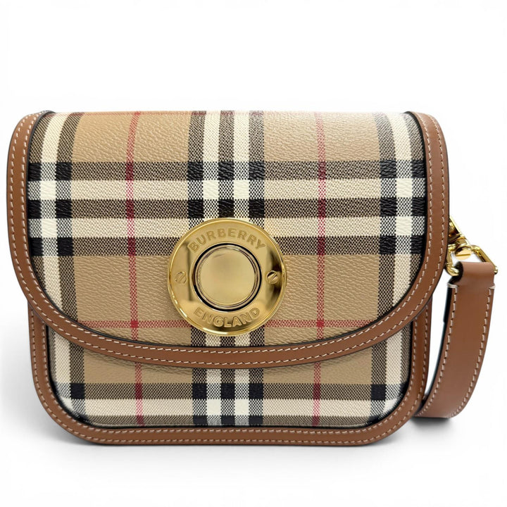 美品△BURBERRY バーバリー 8071356 エリザベス ロゴ金具 ノバチェック柄 レザー使い クロスボディバッグ ショルダーバッグ ベージュ 茶