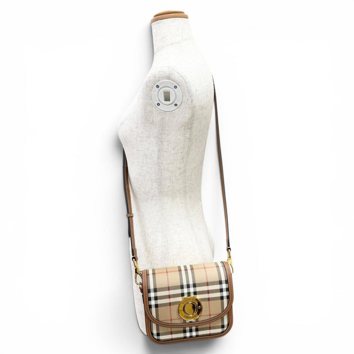 美品△BURBERRY バーバリー 8071356 エリザベス ロゴ金具 ノバチェック柄 レザー使い クロスボディバッグ ショルダーバッグ ベージュ 茶