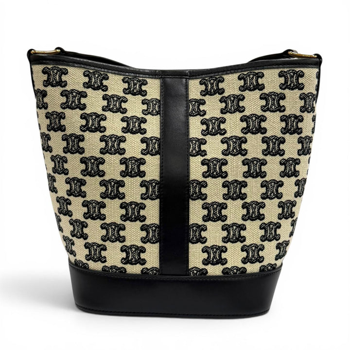極美品★CELINE セリーヌ 19144 スモール バケット/トリオンフキャンバス＆カーフスキン ショルダーバッグ オフホワイト ブラック 伊製