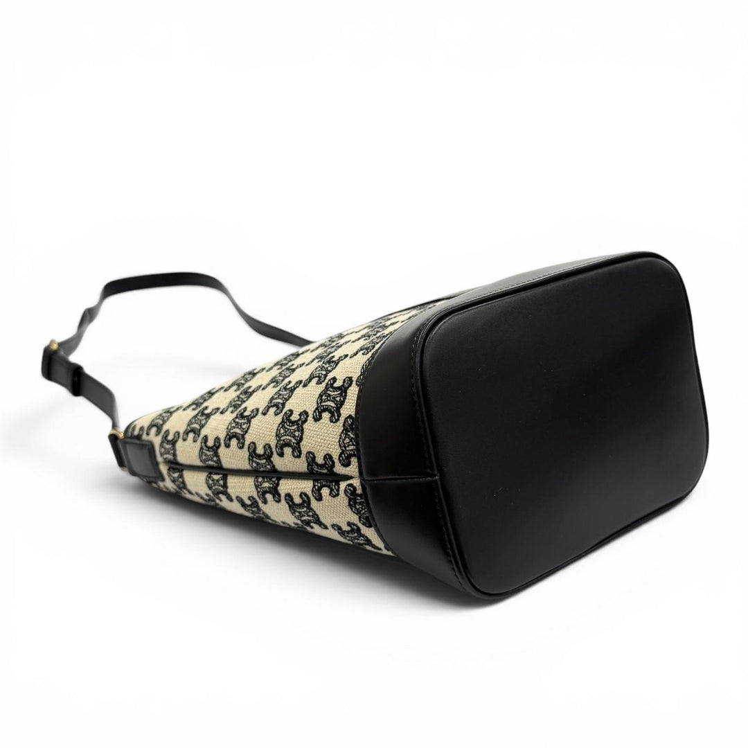 極美品★CELINE セリーヌ 19144 スモール バケット/トリオンフキャンバス＆カーフスキン ショルダーバッグ オフホワイト ブラック 伊製