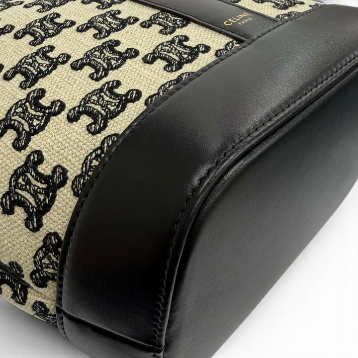極美品★CELINE セリーヌ 19144 スモール バケット/トリオンフキャンバス＆カーフスキン ショルダーバッグ オフホワイト ブラック 伊製