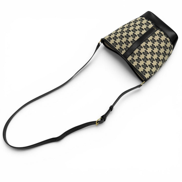 極美品★CELINE セリーヌ 19144 スモール バケット/トリオンフキャンバス＆カーフスキン ショルダーバッグ オフホワイト ブラック 伊製