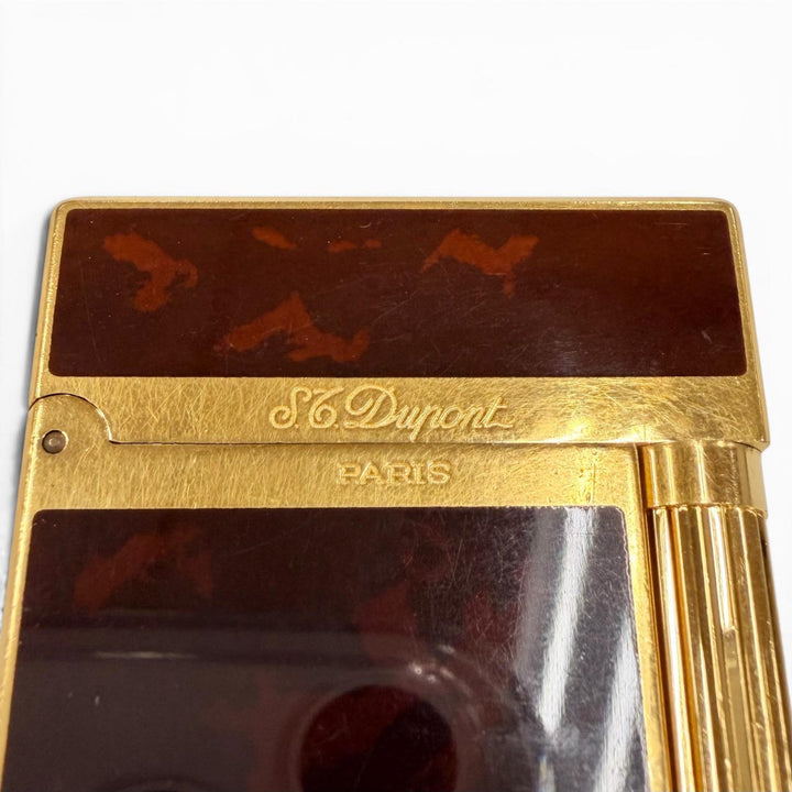 美品◇Dupont デュポン マーブル柄 ライン2 ヴァーティカルライン ラッカー ライター ブラウン ゴールド フランス製 着火確認済み 箱付き