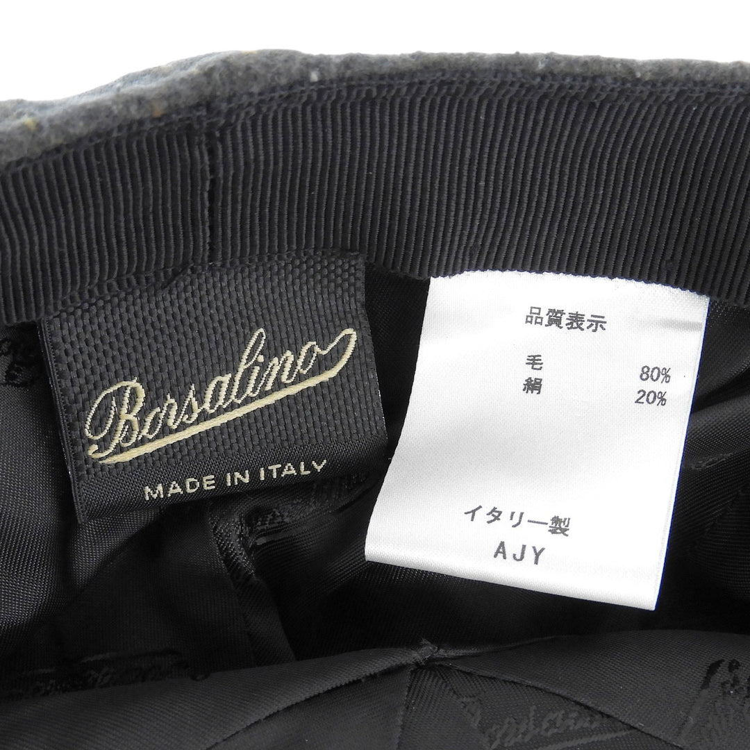 美品▲Borsalino ボルサリーノ ウール シルク レザーロゴパッチ付き 帽子 キャスケット グレー系 L (60) イタリア製 正規品 メンズ