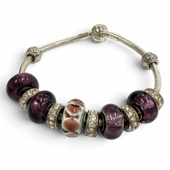 極美品★PANDORA パンドラ 925 ラインストーン ブレスチャーム10個付 ブレスレット バングル シルバー パープル 重量37.28g レディース