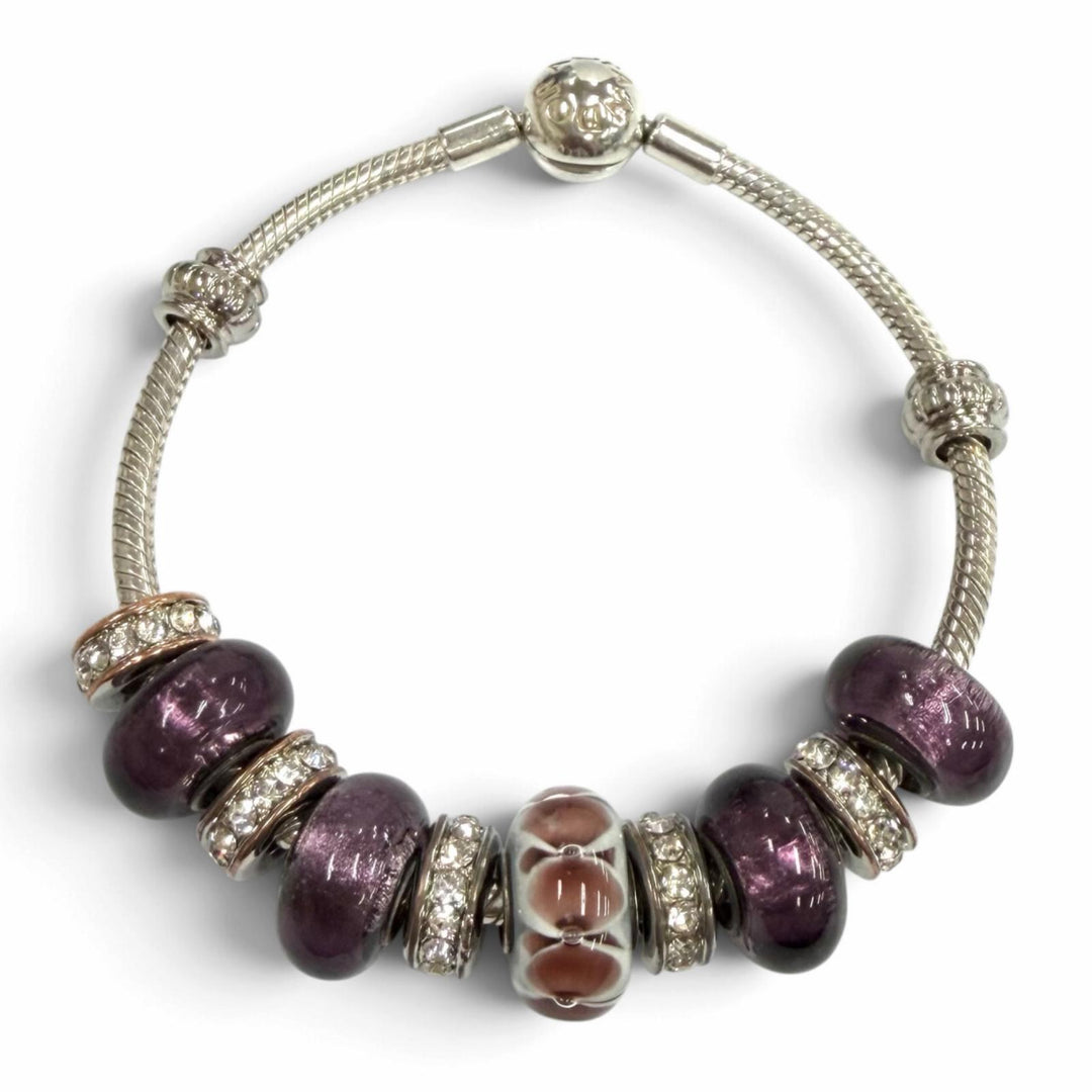 極美品★PANDORA パンドラ 925 ラインストーン ブレスチャーム10個付 ブレスレット バングル シルバー パープル 重量37.28g レディース