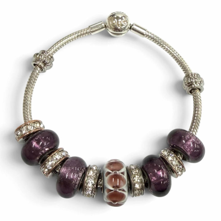 極美品★PANDORA パンドラ 925 ラインストーン ブレスチャーム10個付 ブレスレット バングル シルバー パープル 重量37.28g レディース