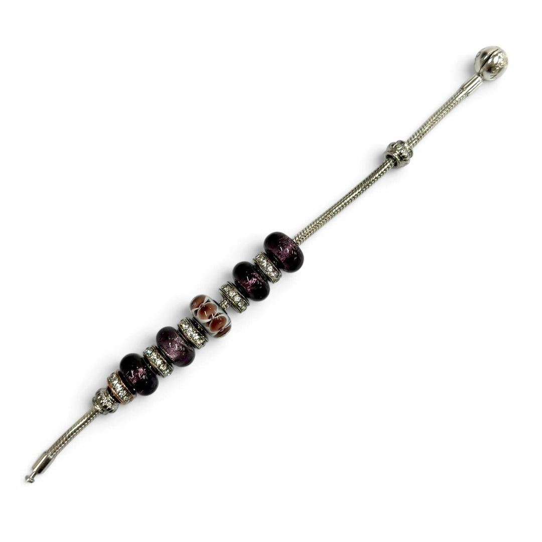 極美品★PANDORA パンドラ 925 ラインストーン ブレスチャーム10個付 ブレスレット バングル シルバー パープル 重量37.28g レディース