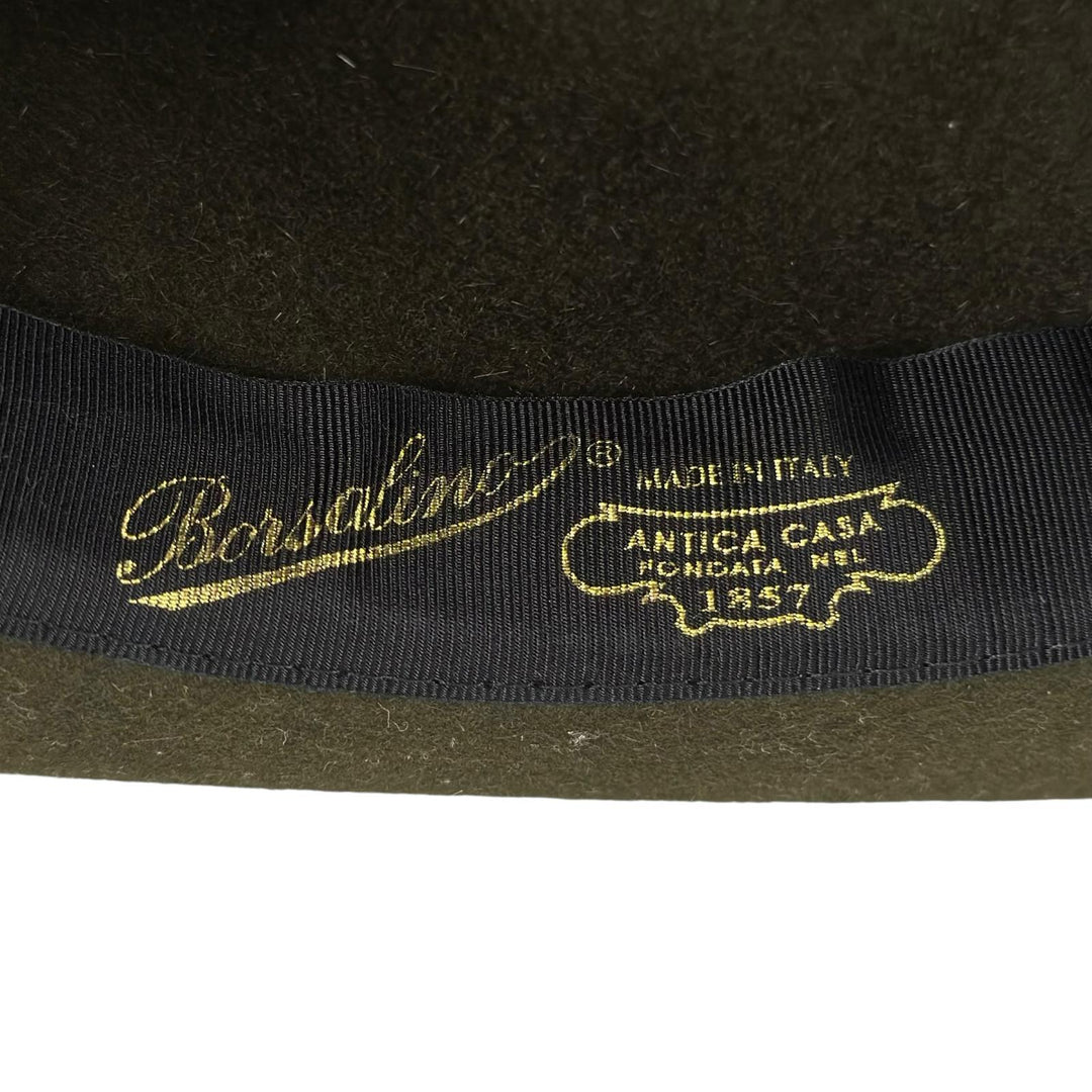 美品▲Borsalino ボルサリーノ アレッサンドリア ラビットフェルト100％ 中折れ帽 フェルト ハット カーキ IT 58 イタリア製 メンズ