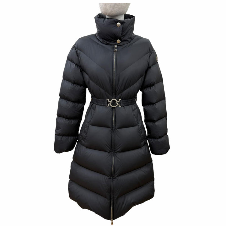 美品☆MONCLER モンクレール 2024年製 BROU ロゴワッペン・ベルト付 ダウンコート ブラック 00 国内正規品 ガーメント・ハンガー付き