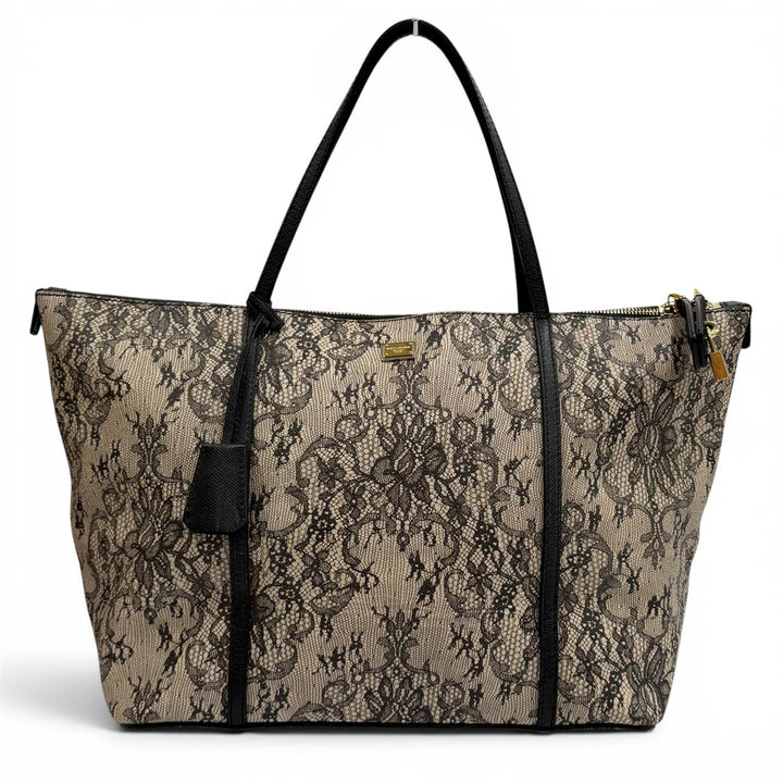 美品★DOLCE&amp;GABBANA ドルチェ＆ガッバーナ レースプリント 鍵付き レザー トートバッグ ベージュ ブラック イタリア製 レディース