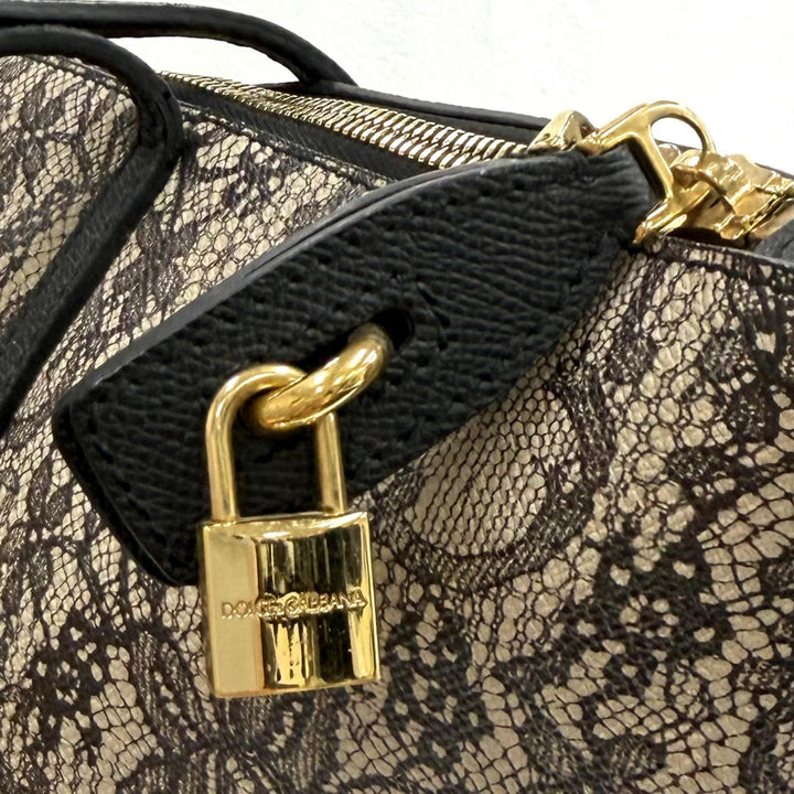 美品★DOLCE&amp;GABBANA ドルチェ＆ガッバーナ レースプリント 鍵付き レザー トートバッグ ベージュ ブラック イタリア製 レディース