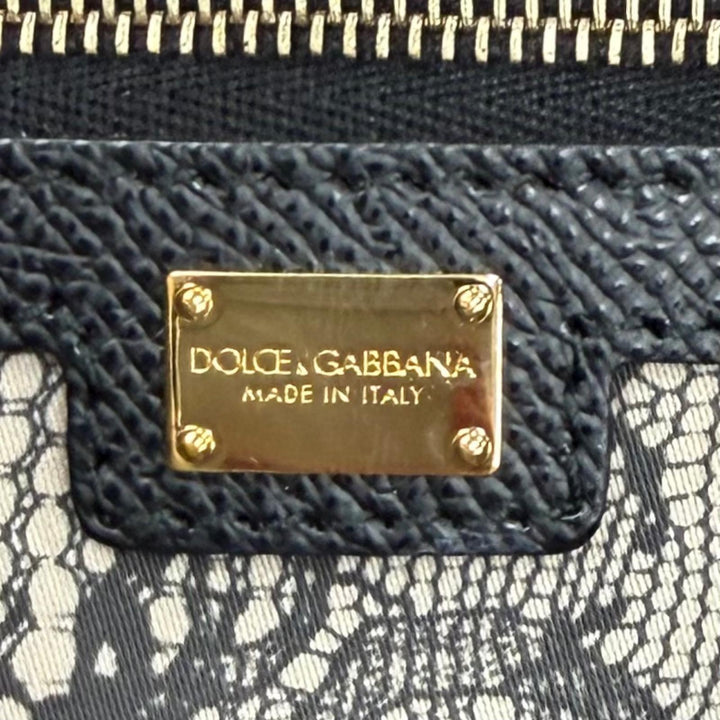 美品★DOLCE&amp;GABBANA ドルチェ＆ガッバーナ レースプリント 鍵付き レザー トートバッグ ベージュ ブラック イタリア製 レディース