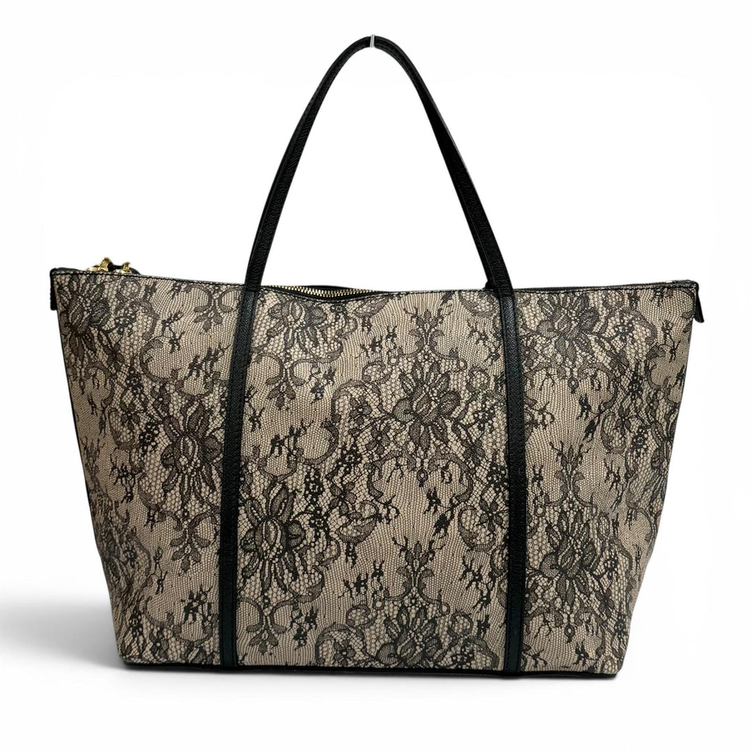 美品★DOLCE&amp;GABBANA ドルチェ＆ガッバーナ レースプリント 鍵付き レザー トートバッグ ベージュ ブラック イタリア製 レディース
