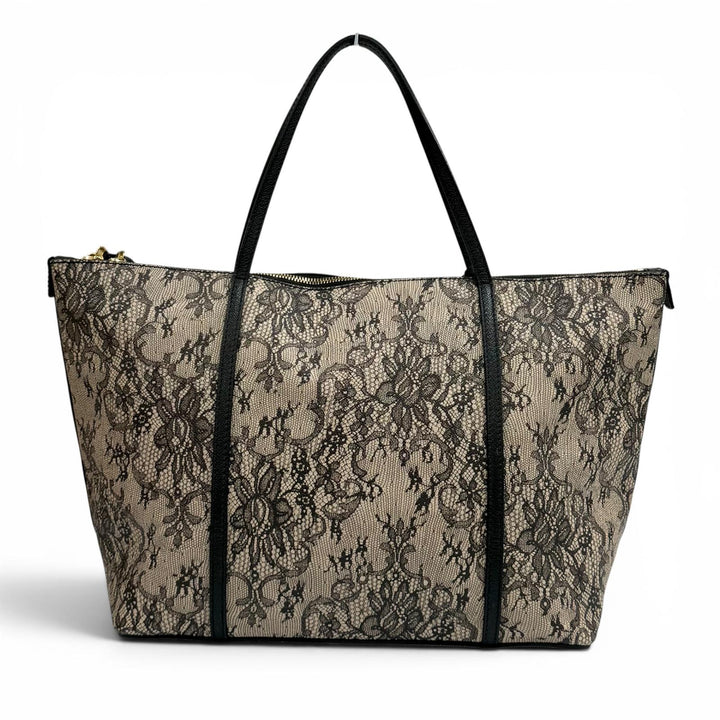 美品★DOLCE&amp;GABBANA ドルチェ＆ガッバーナ レースプリント 鍵付き レザー トートバッグ ベージュ ブラック イタリア製 レディース