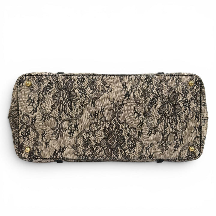 美品★DOLCE&amp;GABBANA ドルチェ＆ガッバーナ レースプリント 鍵付き レザー トートバッグ ベージュ ブラック イタリア製 レディース