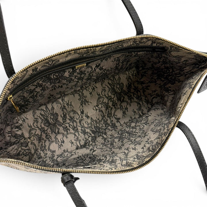 美品★DOLCE&amp;GABBANA ドルチェ＆ガッバーナ レースプリント 鍵付き レザー トートバッグ ベージュ ブラック イタリア製 レディース
