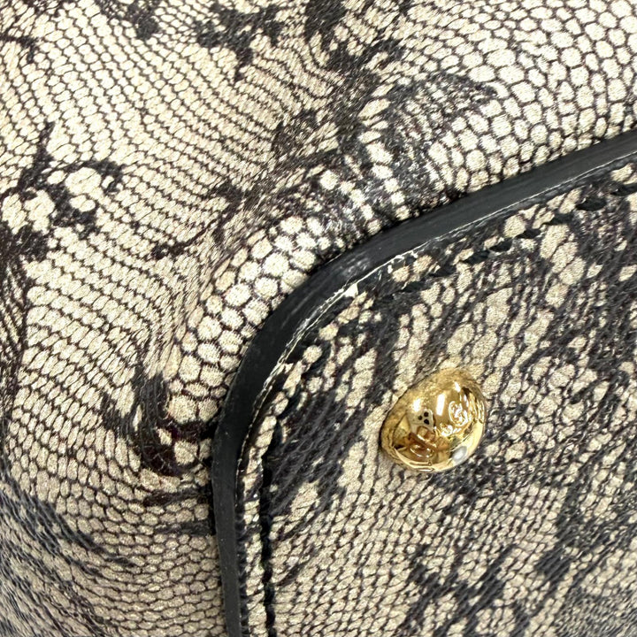 美品★DOLCE&amp;GABBANA ドルチェ＆ガッバーナ レースプリント 鍵付き レザー トートバッグ ベージュ ブラック イタリア製 レディース