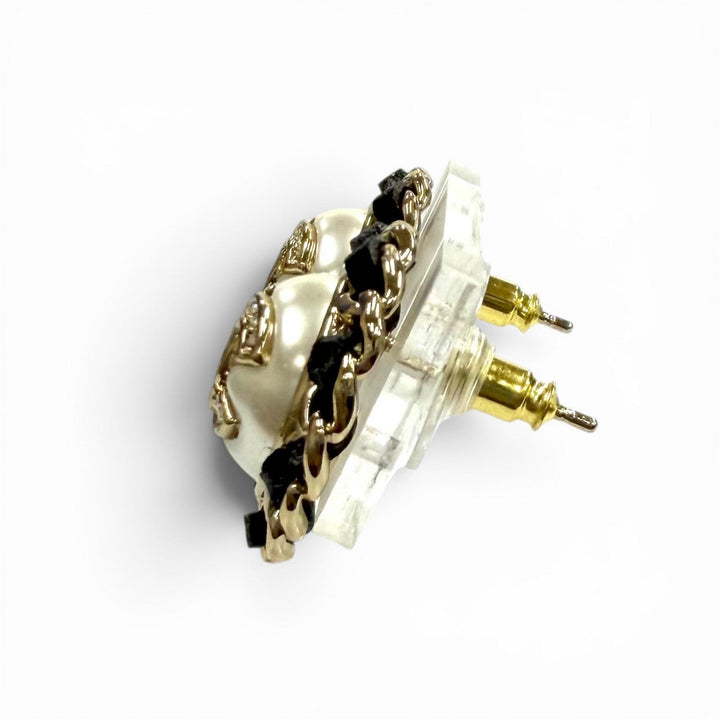 極美品★CHANEL シャネル B25 ココマーク クリスタル レザートリム パール ピアス ホワイト ブラック ゴールド金具 仏製 箱・保存袋付