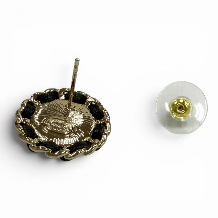 極美品★CHANEL シャネル B25 ココマーク クリスタル レザートリム パール ピアス ホワイト ブラック ゴールド金具 仏製 箱・保存袋付